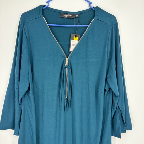 Arna York Womens Size 20 Zip Front Pullover Blouse Teal Blue Gold Tone 3/4 Sleev - Picture 3 of 10